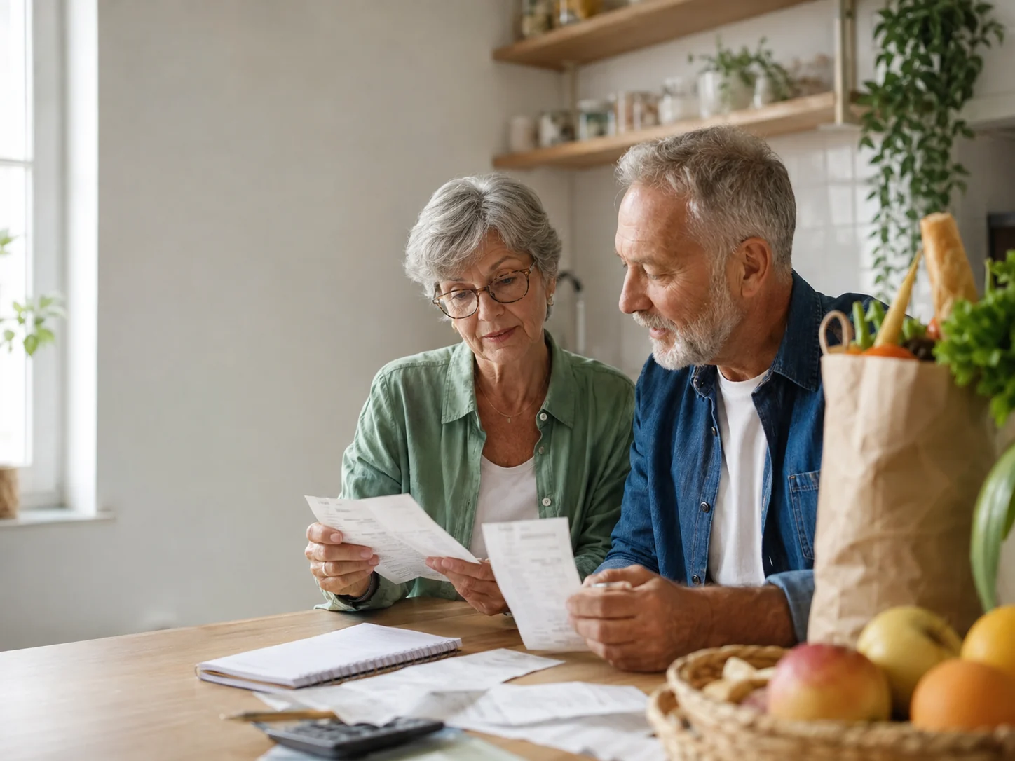 Couple senior français comparant des tickets de caisse et les dépenses de courses à domicile.